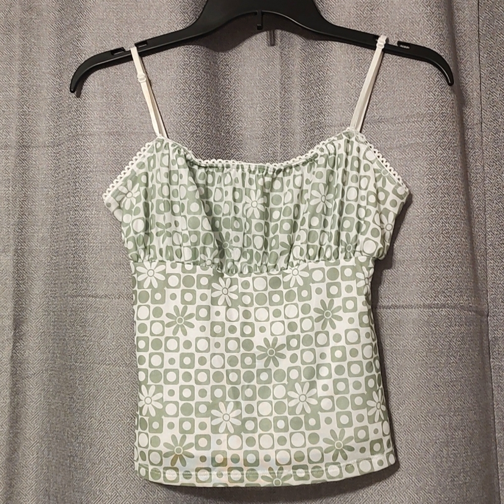 Sweetlilac Sage Green & White Geometric/ Flower print Spaghetti Strap Top Sz Sm